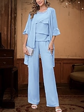 economico Tailleur pantalone della mamma-Completo  Abito da Pantaloni 3 Pezzi Abito Elegante per la Madre della Sposa Semplice Minimalista Collo a Giro Lunghezza Terra Lunghezza Caviglia Chiffon Maniche Mezza con Cristalli Ruches Scendenti
