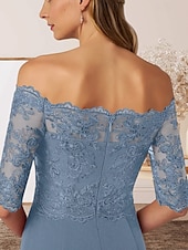 cheap Floor Length-A-Line Mother of the Bride Dress Wedding Guest Elegant Off Shoulder Floor Length Chiffon Half Sleeve with Lace