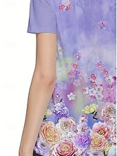 preiswerte Blumen-T-Shirt-Damen T Shirt Sommeroberteile Blumen Grafik Klassisch Lässig Kurzarm Rundhalsausschnitt Crop Tops Täglich Wochenende Druck Violett Leicht Blau Sommer Frühling Herbst