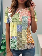 abordables T-shirt floral-Femmes T-shirt Fleuri Graphique Abstrait ancien Élégant Classique Manche Courte Col ras du cou Hauts Réguliers Quotidien Week-end Imprimé Jaune Rose Claire Bleu Été Printemps