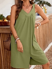 preiswerte lässige Overalls-Damen Normal Strampler Lässig Einfarbig Ärmellos V Ausschnitt Tasche Straße Täglich Normale Passform Schwarz Hellgrün Blau Sommer