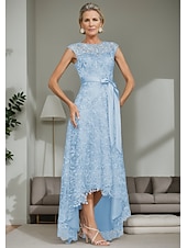 abordables Longueur du plancher-Robe Mère de la Mariée A-Line Bleu Ciel Élégante Invité de Mariage Simple Luxueuse Col Bateau Longueur de Sol Satin Ceinture Dentelle Sans Manches