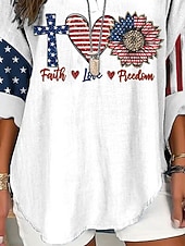  Festa dell'Indipendenza Blusa Patriottica da Donna in Lino Similare Traspirante Leggera Tunica Collo a V Maniche Lunghe Boho Casual Grafica Bandiera Vintage Elegante Tops Regolari Giornaliero Bianco