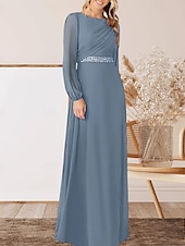 abordables Longueur du plancher-Robe A-Ligne pour Mère de la Mariée Invité de Mariage Élégante Col Arrondi Longueur Sol Chiffon Manches Longues avec Perles Ruché