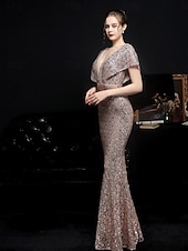billige Semi-formell / Cocktail-Mermaid  trumpet quinceanera kjoler elegant kjole formell bryllup gulvlengde kortermet V-hals paljett med paljett