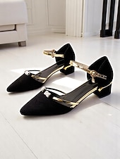 cheap Block Heel Pumps-Women's Black Suede Block Heel Dress Shoes with Gold Ankle Straps, Rhinestone Buckle for Daily Date, Casual Office, Romantic Evenings