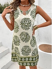 abordables Robes Boho-Femmes Mini Robe Robe d&#039;Été Vacances Boho Sortir Plage Coupe Standard Fleuri Graphique Paisley Sans manches Col Rond Noir Vert Été Printemps