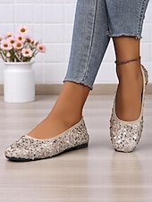 baratos Sapatilhas de mulher-sapatilhas femininas bege com lantejoulas - sapatilhas confortáveis e chiques para encontros diários e passeios casuais