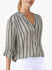 voordelige Dames Strepen &amp; Geometrische Tops-Dames Overhemd Gestreept Stijlvol Casual Lange mouw V-hals Normale tops Dagelijks Afdrukken Wit blauw Grijs Licht Blauw Zomer Lente