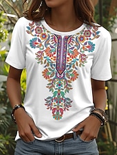 billige Boho t-skjorte-Dame T skjorte Blomstret Grafisk Planter Årgang Stilfull Klassisk Kortermet Crew-hals Vanlige topper Daglig Helg Trykt mønster Svart Hvit Sommer