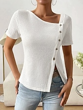 voordelige Witte t-shirt-Dames Overhemd Effen Basic Casual Korte mouw Assymmetrisch V-hals Normale tops Dagelijks Knop Asymmetrisch Wit Rood Paars Zomer