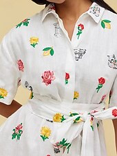 abordables concevoir des robes en coton et lin-Femmes Robe Longue Maxi Robe Robes en coton et lin Robe Décontractée Mode Extérieur Soirée Fête Coupe régulière Fleur Manche Courte Col de chemise Blanche Été