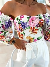 preiswerte Damen Grafik Tops-Damen Boho-Hemd Bluse Blume Modern Boho Langarm Schulterfrei Normale Oberteile Täglich Ausgehen Druck Erröten Sie Rosa Rosa Wein Rote Purpur Sommer