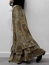 billiga Grafiska kjolar-Dam Kjol Volang kjol Mode Boho Maxi Mellanhög midja Kjolar Blommig Volang Mönster Microelastisk Semester Gata Brun Sommar Polyester