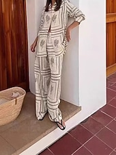 abordables Ensembles-Femmes Mode Streetwear Chemises en coton et lin Ensembles en coton et lin Ensembles de Pantalons Manche Courte Col de chemise Géométrique Imprimé Tenue quotidienne Date Beige Été Coupe régulière