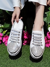 Недорогие Женские кроссовки-женские серебристые металлические кроссовки-слипоны с блестками, повседневная обувь на платформе для повседневной носки и свиданий