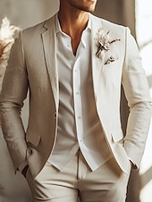 economico Abiti da sposa-Abiti da uomo casual in lino, modello da matrimonio, beige, estivi, semi-foderati, leggeri, tinta unita, vestibilità standard, 2 pezzi, monopetto, un bottone.