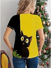 abordables T-shirt Animaux-Femmes T-shirt Graphique Animal Chat ancien Élégant Classique Manche Courte Col ras du cou Col rond Hauts Réguliers Quotidien Week-end Imprimé Jaune Été Printemps