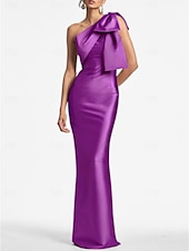 preiswerte SCHWARZ-Meerjungfrau Abendkleid Elegantes Kleid Formeller Hochzeitsgast Knöchellang Ärmellos Eine Schulter Satin mit Schleife(n) Schlitz Maskeradenkleid 2025