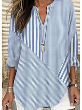 cheap Stripe&amp;Geometric Tops-Women&#039;s Shirt Cotton Linen Shirt Blouse Graphic Striped Daily Hawaiian Business Long Sleeve V Neck Regular Tops Work Daily Holiday Buttons Print Black Blue Green Light Blue Summer Spring