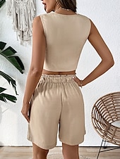 preiswerte Kurze Sets für Damen-Damen 2 Teile Fashion Streetwear Daily Weste Shorts Sets Ärmellos V-Ausschnitt Einfarbig Lässig Daily Khaki Sommer Reguläre Passform