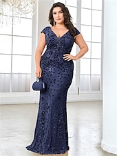 cheap BLUE-Mermaid / Trumpet Plus Size Dresses Elegant Curve Dress Formal Wedding Floor Length Short Sleeve V Neck Lace Backless with Sequin