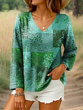 abordables Tops Boho pour Femmes-Femmes Chemisier Fleuri Graphique Géométrique Élégant Occasionnel manche longue Col en V Hauts Réguliers Quotidien Imprimé Violet Marron Vert Été Printemps