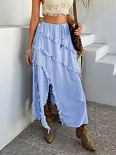 preiswerte Grafische Röcke-Damen Rock A-Linie Mode Lässig Maxi Hohe Taille Röcke Einfach Rüsche Mikroelastisch Urlaub Straße Schwarz Weiß Rote Blau Sommer Polyester