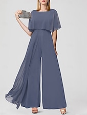 baratos Macacões da mamãe-Jumpsuits para Convidadas de Casamento Elegantes Formais Comprimento Longo Mangas Curtas Decote Joaninha Chiffon com Franjas 2025 tamanho personalizado gratuito