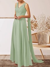 cheap Wedding Guest Dresses-A-Line Wedding Guest Dresses Elegant Dress Wedding Guest Engagement Floor Length Sleeveless V Neck Fall Wedding Guest Chiffon with Appliques