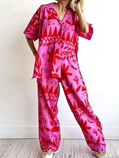 abordables Ensembles-Femmes Mode Streetwear Chemises en coton et lin Ensembles en coton et lin Ensembles de Pantalons Manche Courte Col de chemise Fleuri Imprimé Tenue quotidienne Date Rose Claire Été Coupe régulière