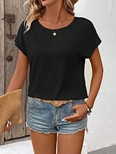 preiswerte Einfarbiges T-Shirt-Damen T-Shirt Einfarbig Einfach Mode Modern Lässig Kurzarm Rundhalsausschnitt Regulär Oberteile Täglich Wochenende Spitze Patchwork Schwarz Weiß Pink Khaki Sommer