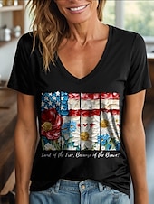 economico Magliette Giorno dell’Indipendenza-Maglietta Patriottica da Donna Grafica Floreale Lettera Vintage Elegante Classica Maniche Corte Collo A V Regular Tops Stampa Quotidiana Week-end Nero Bianco Rosa Blu Viola Estate Primavera