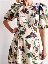 billige design kjoler i bomull og lin-Dame Lang kjole Maxikjole Uformell kjole Mote utendørs Fest Ferie Normal Blomsternål i krystall Kortermet Crew-hals Beige Sommer