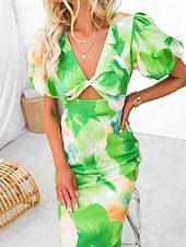 abordables Robes Floraux Imprimés-Femmes Robe Midi Robe Fleurie Robe bohème Robe Imprimée Mode Moderne Vacances Fête Sortir Coupe régulière Fleur Manche Courte Col en V Bleu Vert Été