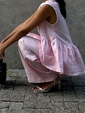 preiswerte Sets-Damen Aktiv Mode Baumwoll-Leinen-Hemden Bluse Hosen-Sets Ärmellos V Ausschnitt Einfarbig Dubbele Rij Knopen Urlaub Alltagstauglich Schwarz Rosa Leicht Blau Sommer Normale Passform