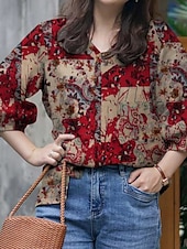 voordelige Dames grafische tops-Dames Overhemd Bloemig Dagelijks Retro vintage Modern Lange mouw Overhemdkraag Normale tops Dagelijks Feestdagen Knop Afdrukken Rood blauw Khaki Zomer
