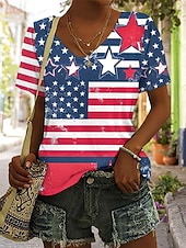billiga Självständighetsdagen Topp-Självständighetsdagen Patriotisk Dam T-shirt Grafisk Flagga Vintage Mode Hawaii Kort Ärmmar V Hals Regular Topp Daglig Utgång Helg Tryck Svart Röd Sommar Vår