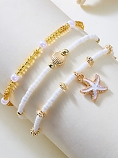abordables Collar de mujer-Conjunto de collar y pulsera tobillera en capas estilo playa para mujer con dijes de estrellas de mar y conchas, diseño de cuentas doradas y blancas, adecuado para vacaciones de verano, estilo casual y bohemio.
