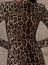 abordables Robe Rayée et Géométrique-Femmes Robe Longue Maxi Robe Robe Décontractée Moulant Mode Extérieur Soirée Fête Coupe régulière Léopard manche longue Col roulé Marron Été