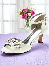 cheap Cocktail-Women&#039;s Black Satin Open Toe Heels with Ankle Strap and Crystal Gemstone Embellishment- Elegant Mid Heel Sandals for Cocktail Party &amp; Evening Wedding Reception and Formal Events