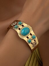 abordables Bracelet pour femme-Bracelet manchette vintage en or pour femme avec pierres turquoises – Bracelet réglable de style bohème pour dames, idéal pour les tenues décontractées, les fêtes et les festivals d&#039;été