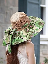 cheap Women&#039;s Hats-Women&#039;s Wide Brim Straw Sun Hat with Colorful Ethnic Print Bow – Boho Style Foldable Beach Hat for Summer Travel and Vacation