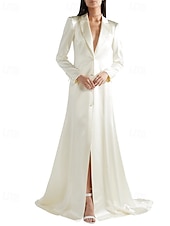 preiswerte Bodenlänge-Blazer Kleid A-Linie Brautmutterkleid Smokingkleid Elegant Einfach Luxuriös V-Ausschnitt Mit Revers Bodenlang Satin Langarm mit Falten