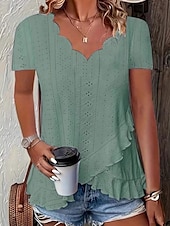 billige Plain t-skjorte-Dame Bluse Helfarge Stilfull Fritid Kortermet V-hals Vanlige topper Daglig Drapering Snørehull Hvit Gul Rosa Blå Grønn Sommer