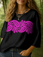 preiswerte Damen Boho Tops-Damen Bluse Grafik Paisley-Muster Bohemien Tropisch Lässig Dreiviertelarm Rundhalsausschnitt Normale Oberteile Täglich Ferien Urlaubskleidung Druck Weiß Blau Purpur Grün Sommer Frühling
