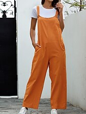 abordables Pantalon uni en coton et lin-Femmes Normal Pantalon en coton et lin Basique Couleur Unie Sans manches Col en U Avec Poches Rue Sortir Coupe régulière Noir Blanche bleu marine Été