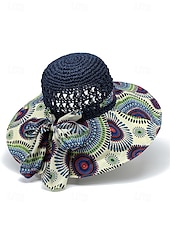 cheap Women&#039;s Hats-Women&#039;s Wide Brim Straw Sun Hat with Colorful Ethnic Print Bow – Boho Style Foldable Beach Hat for Summer Travel and Vacation