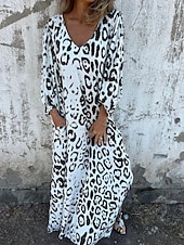 preiswerte Kleider für die Ferien-Damen Maxikleid A Linie Kleid Lässig Outdoor Ausgehen Normale Passform Leopard Langarm V Ausschnitt Weiß Himmelblau Dunkelgrün Grün Sommer
