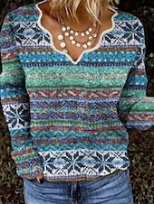 voordelige Boho Tops-Dames Blouse Bloem Modern Boho Lange mouw V-hals Normale tops Feestdagen Uitgaan Afdrukken blauw Paars Oranje Zomer